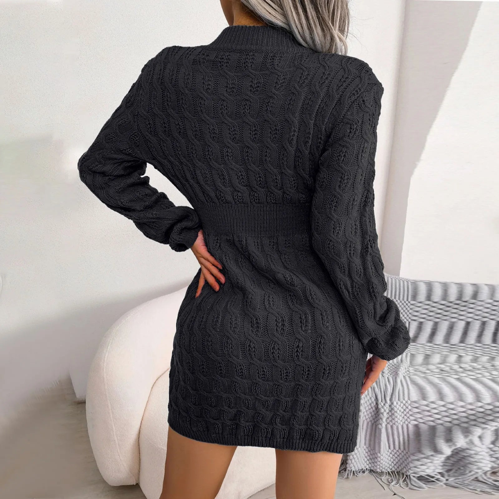 Autumn Winter Womens Round Neck High Waist Sweater Dress