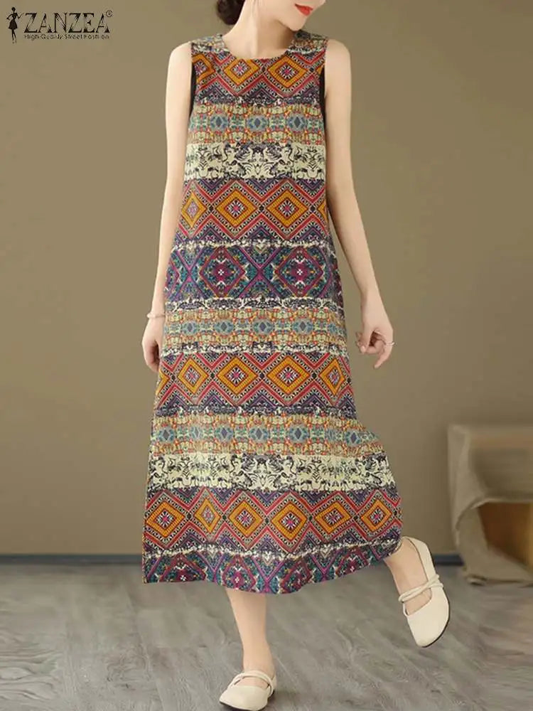 Bohemian Floral Print Sleeveless Midi Dress For Summer