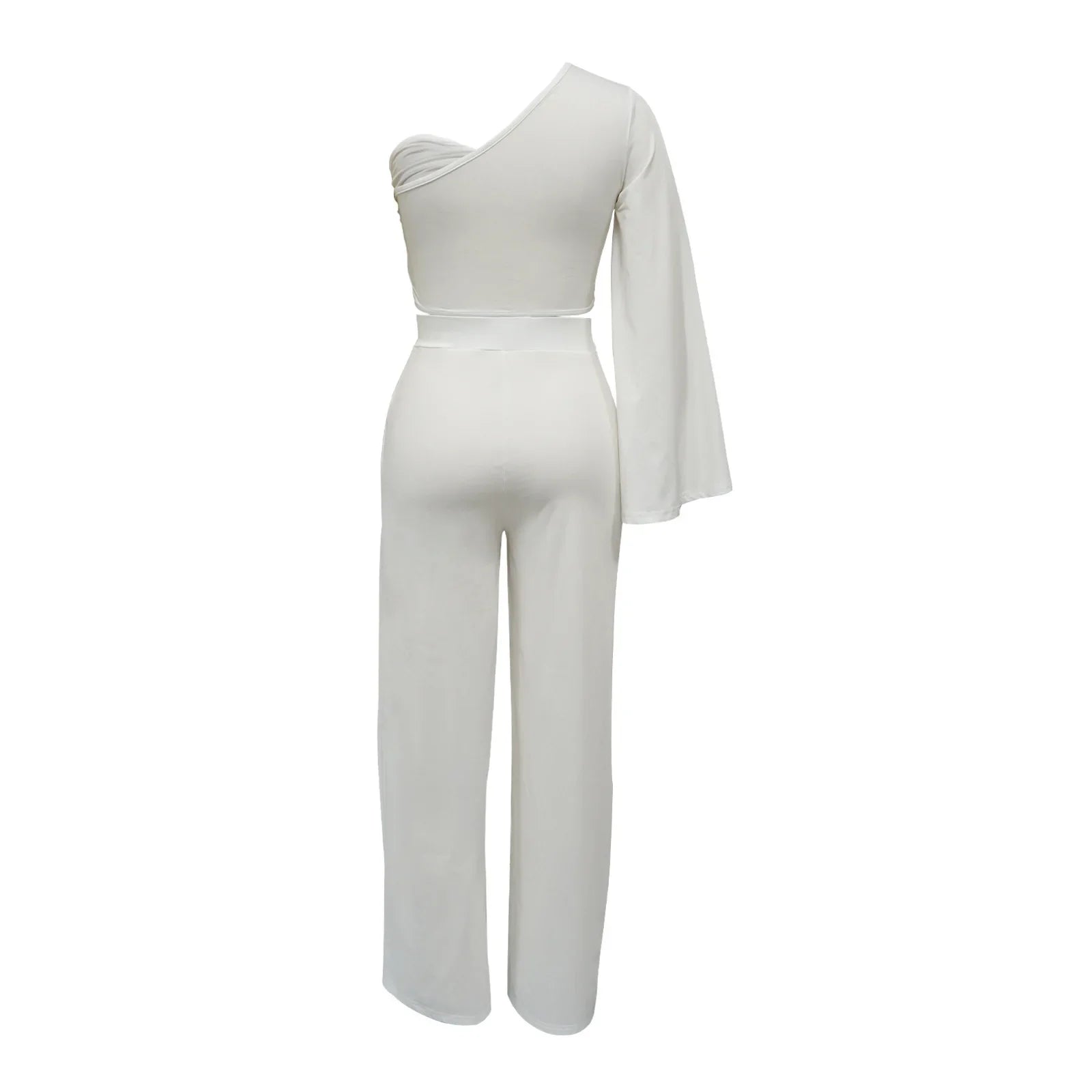 Women's Ruched One Shoulder Sleeve Crop Top and Wide Leg Pants Two Piece Set Outfit