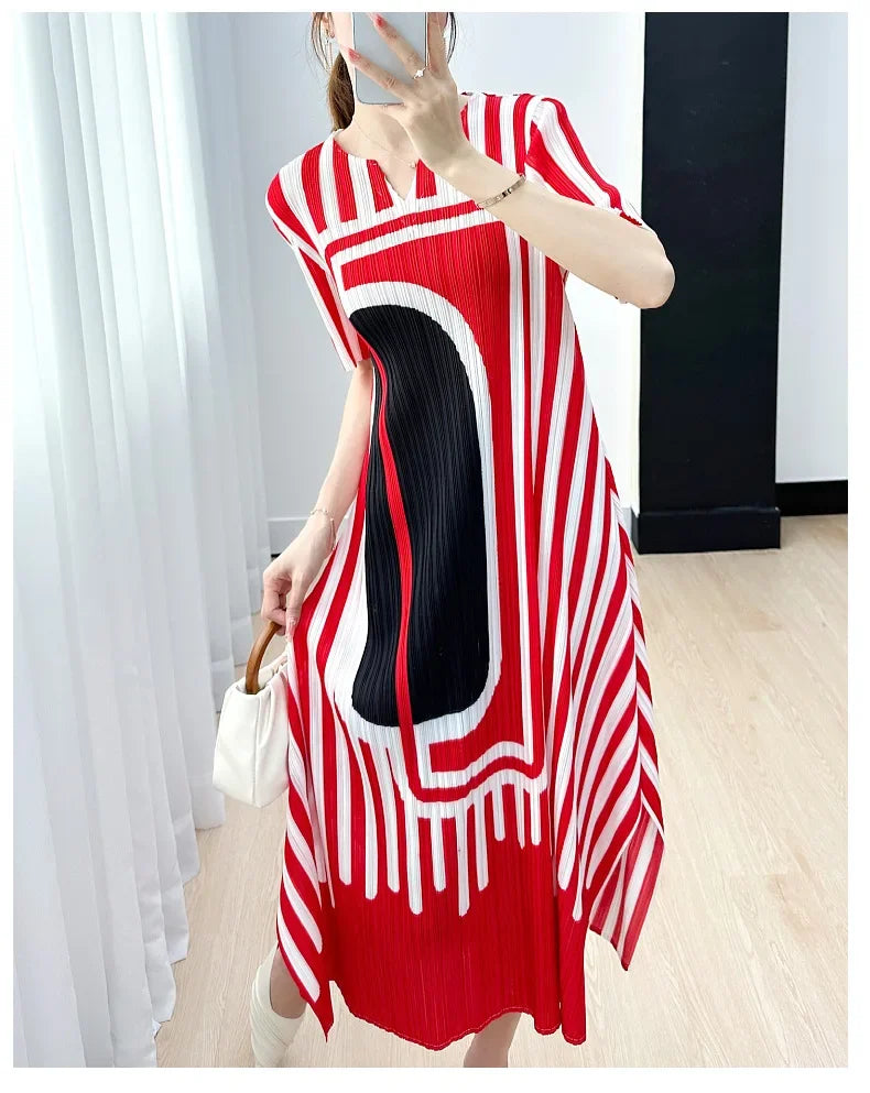 Pleated Striped Dress For Women O Neck Short Sleeve