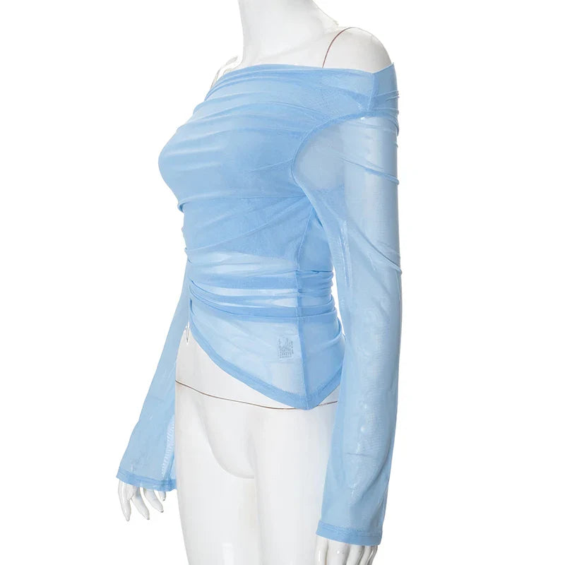 Solid Color Long Sleeve One Shoulder Mesh Top for Women - Stylish See Through Pleated Casual Autumn T-Shirt