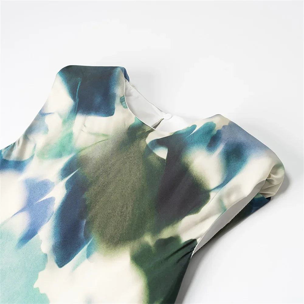 Silk Texture Printed Midi Dress Sleeveless Slim Fit