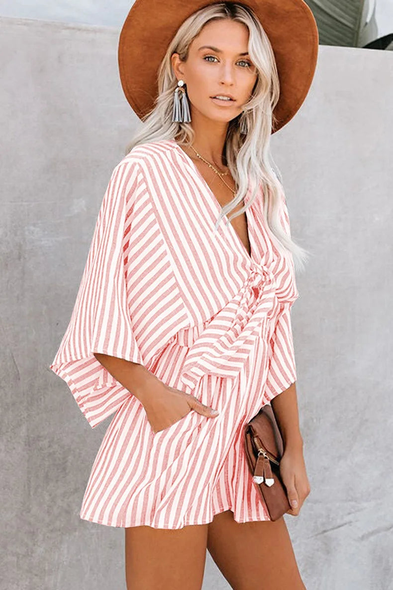 Women's Summer Slimming Striped Jumpsuit with Deep V Neck, Flared Three Quarter Sleeves, and Wide Leg Pants