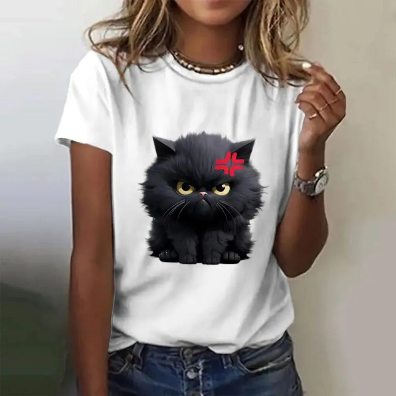 Cute Cat Printed Women's T-Shirt Comfortable Casual Short Sleeve Top for Daily Wear
