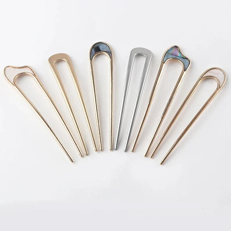 Elegant U Shape Hair Stick for Women in Silver and Gold Color with Shell Enamel Design