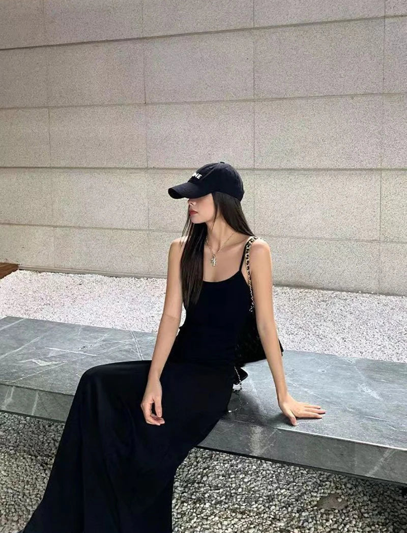 Black Backless Spaghetti Strap Dress Women Elegant Slim