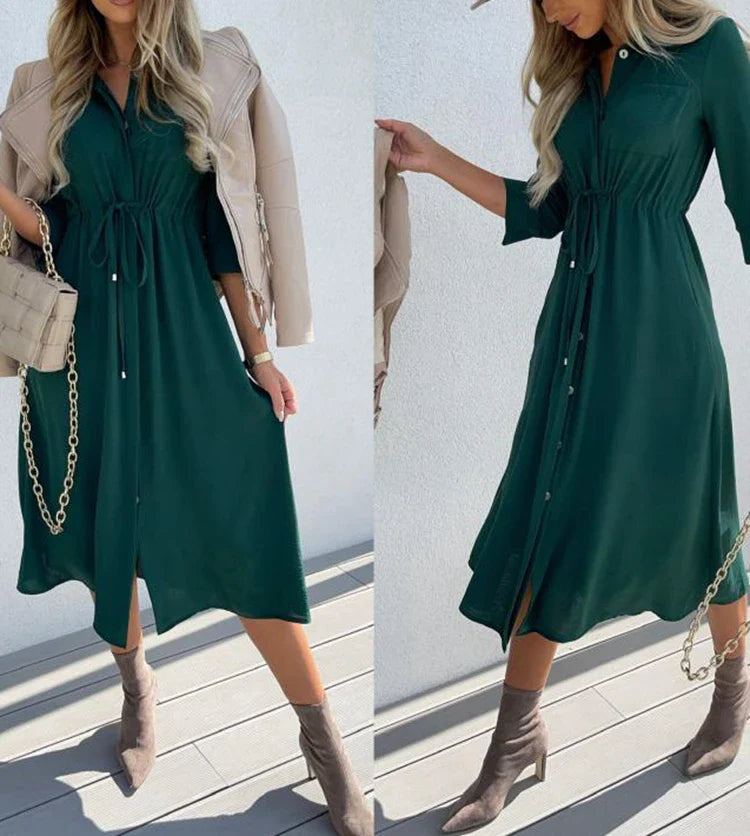 Women's Lace Up Waist Dress Mid Sleeve Aline Solid Color