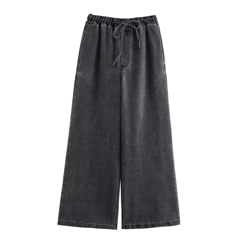 Casual Open Collar Pocket Denim Top and Loose Wide Leg Drawstring Waist Denim Pants Two Piece Set for Women