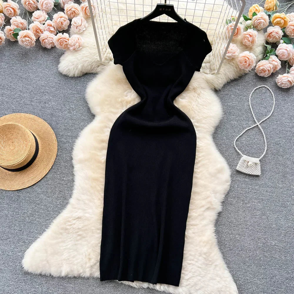 Sexy Summer Knit Dress Elastic Waist Bodycon Sundress