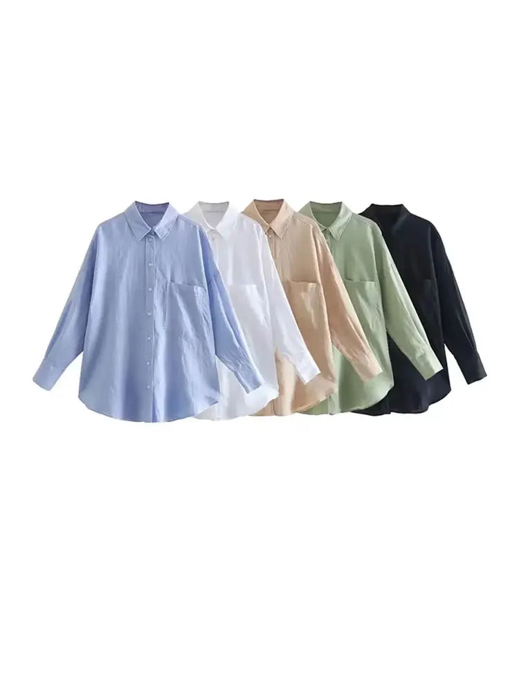 Women's Oversized Vintage Long Sleeve Button-Up Shirt with Pocket Chic Blouse Top