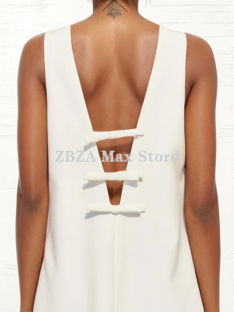 Bow Decoration Mini Dress Sleeveless Backless Round Neck