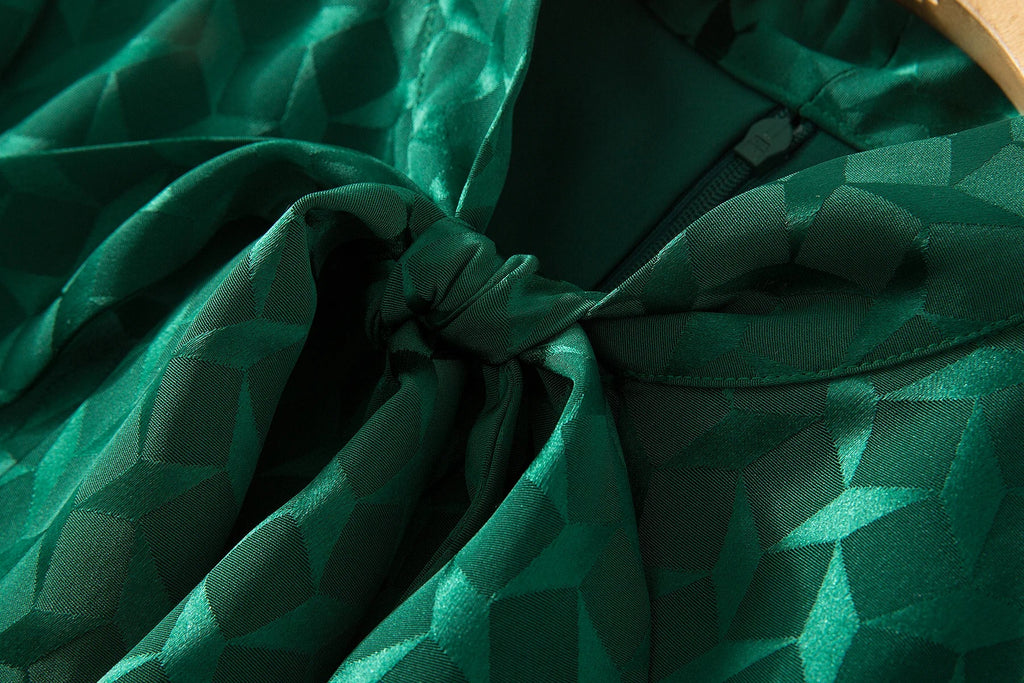 Elegant Green Pleated Long Sleeve Dress With Bow Collar