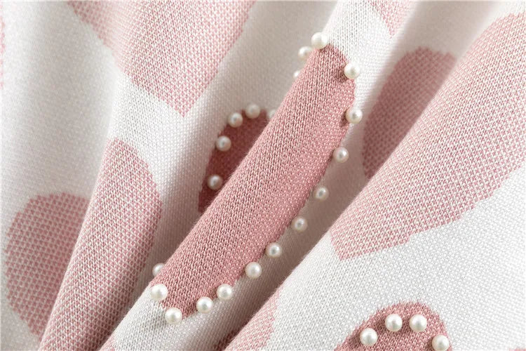 Chic Women's Knit Sweater 2-Piece Set with Embroidered Beaded Heart Pullover and Spring Harem Pants Sporty Tracksuit Lounge Ensemble