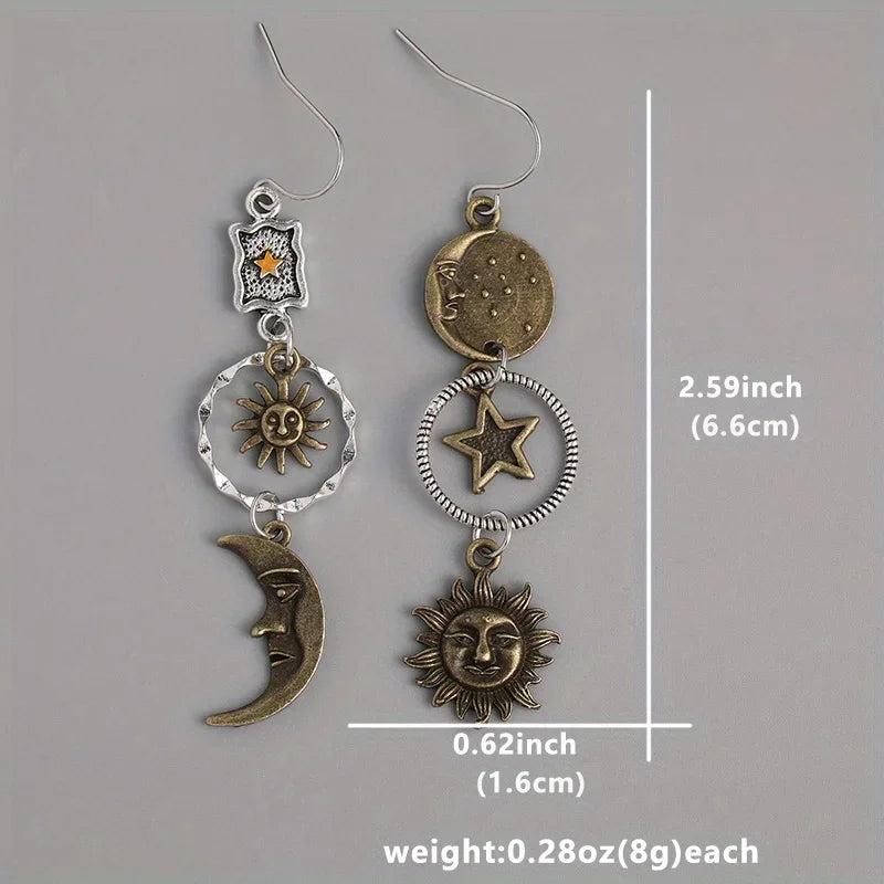 Creative Retro Asymmetrical Star and Moon Pendant Earrings for Women