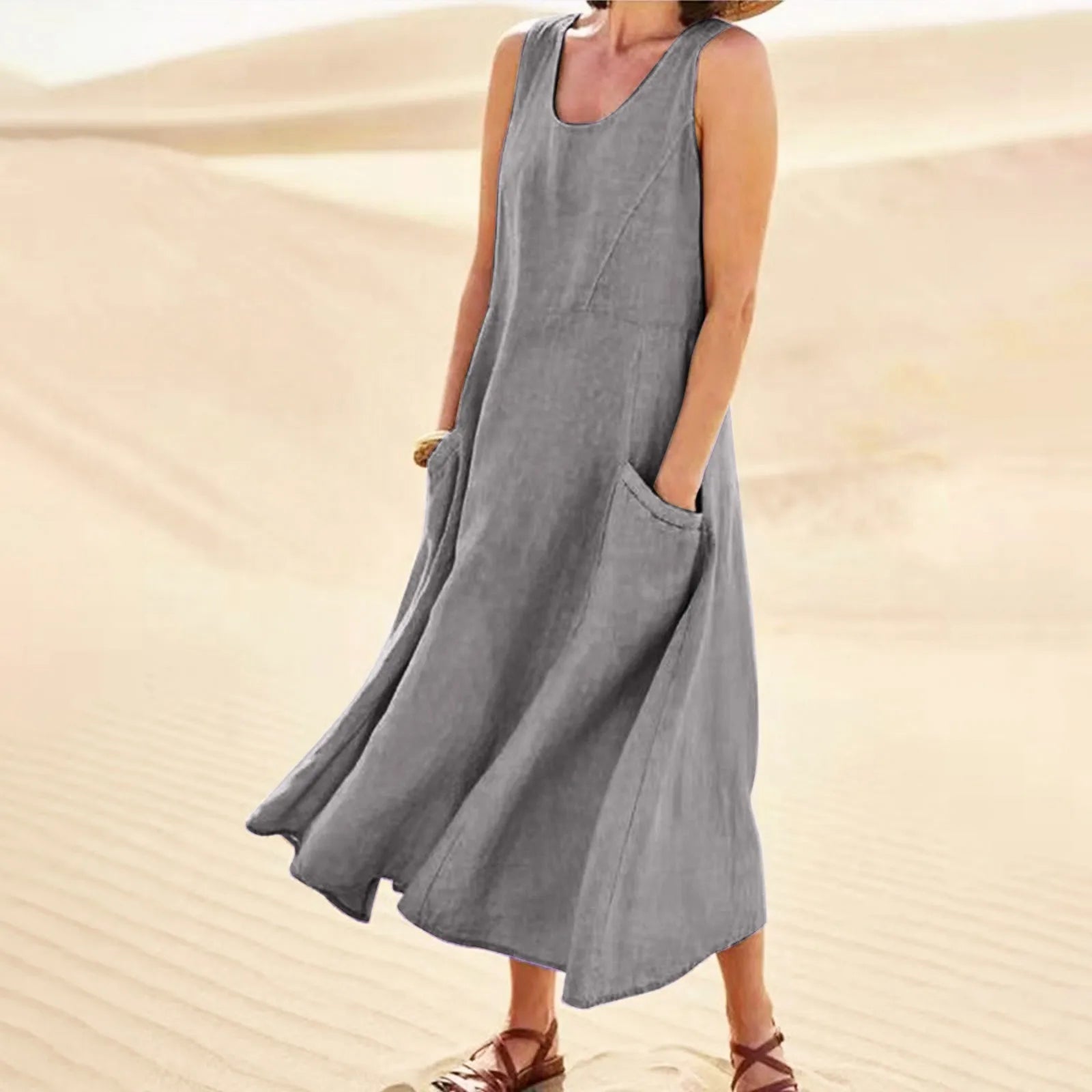 Cotton Linen Maxi Dress Plus Size Boho Sleeveless Pocket