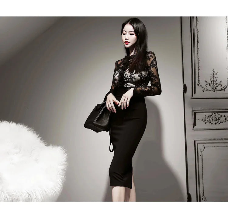 Korean Lace Bodycon Dress Women Office Sheath Pencil