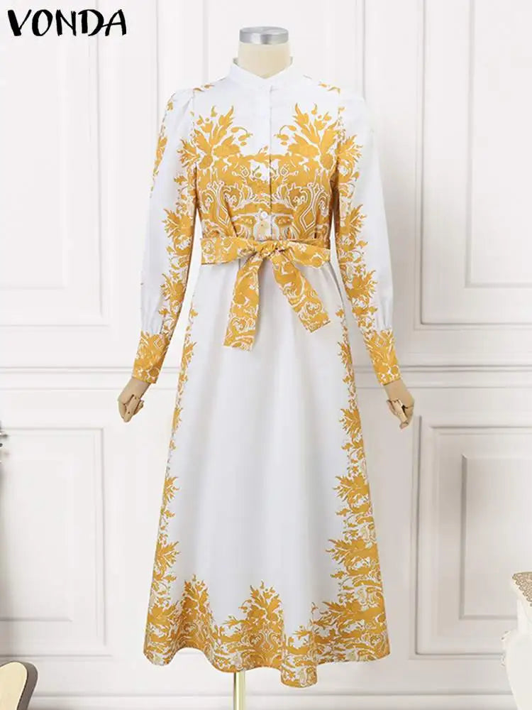 Bohemian Maxi Shirt Dress Belted Long Sleeve Floral Print