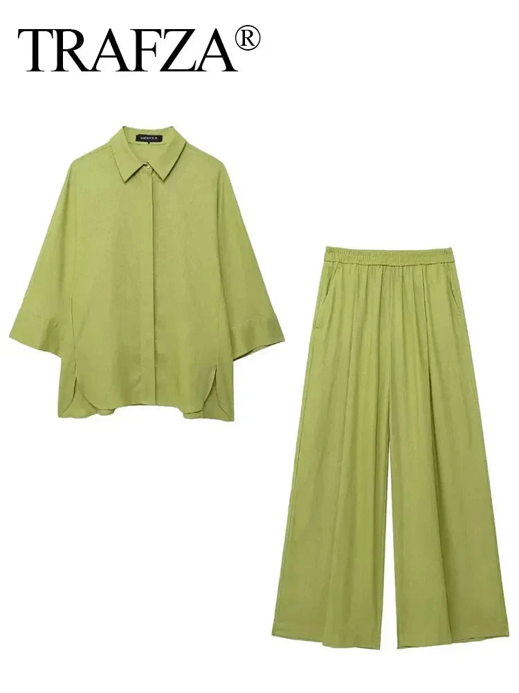 Casual Women's Solid Pant Set with Long Sleeve Blouse and Elastic Waist Trousers Fashion Streetwear Outfit