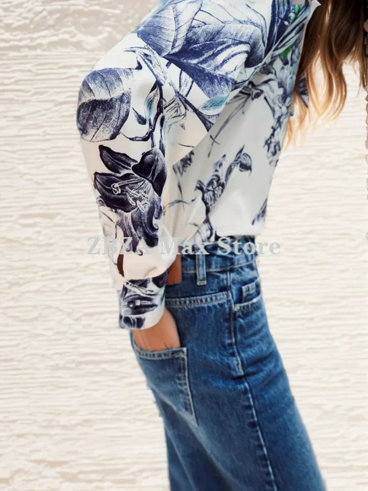 Women's Bow Tie Printed Blouse with Polo Collar Long Sleeve Single Breasted Vintage Loose Fit Elegant Shirt Top