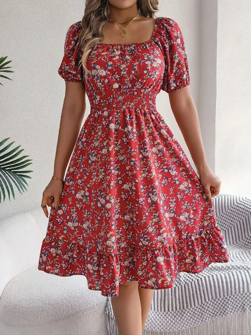 Floral Print Square Neck Dress With Shirred Waist Detail