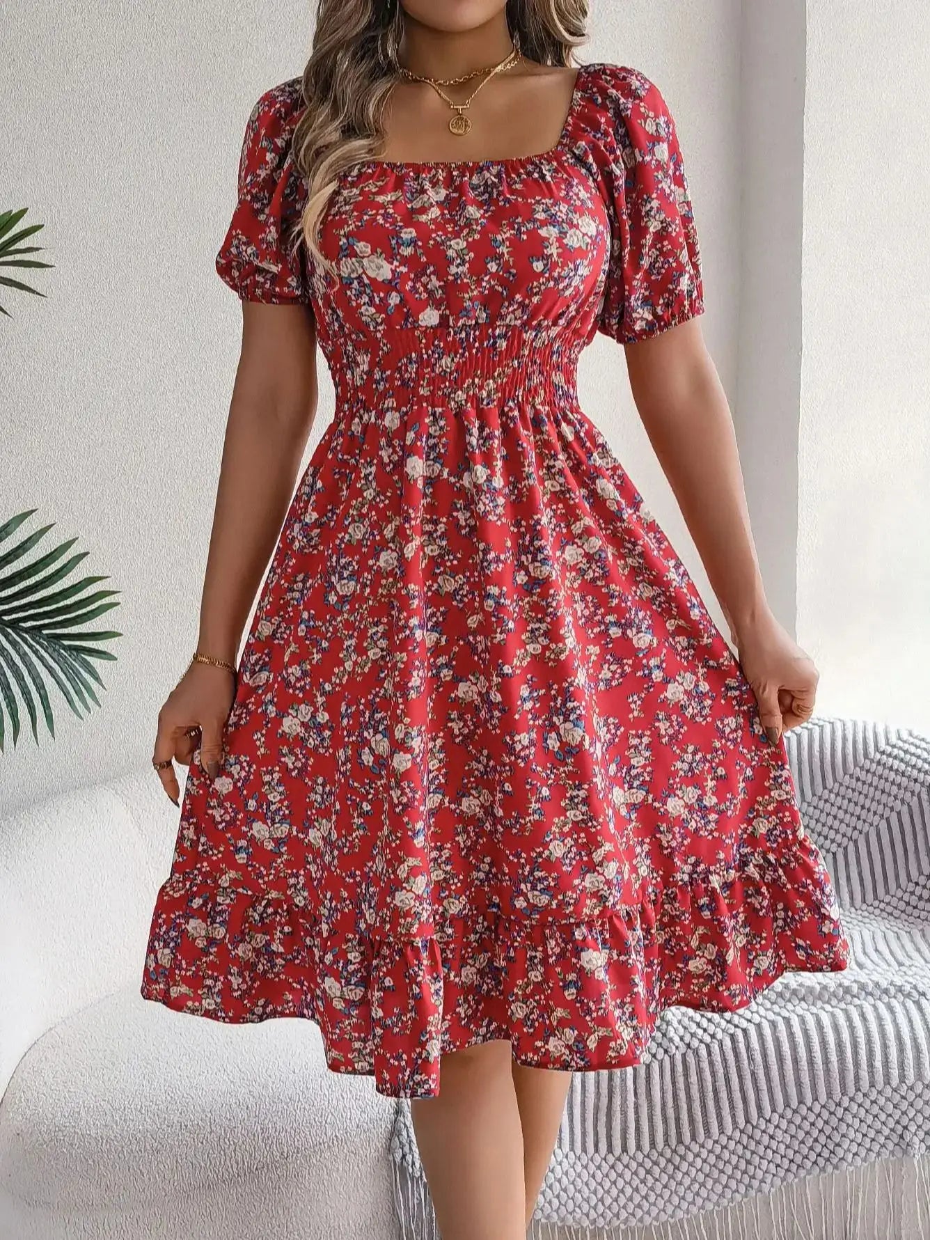Floral Print Square Neck Dress With Shirred Waist Detail