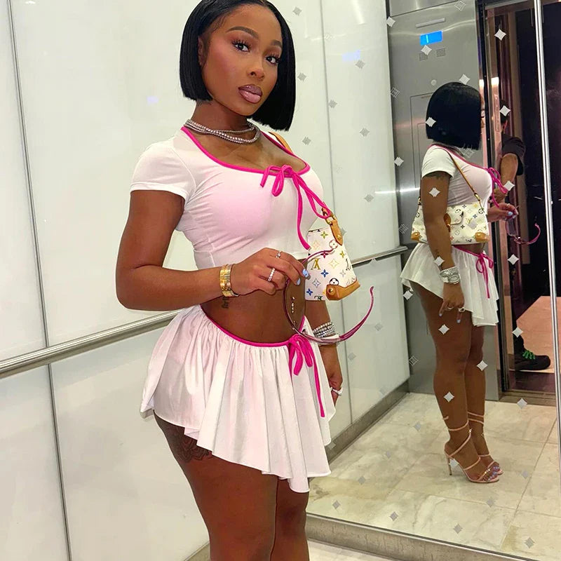 Women Two Piece Party Outfit Set Sexy Short Sleeve Crop Top and High Waist Pleated Mini Skirt Summer Fashion Ensemble