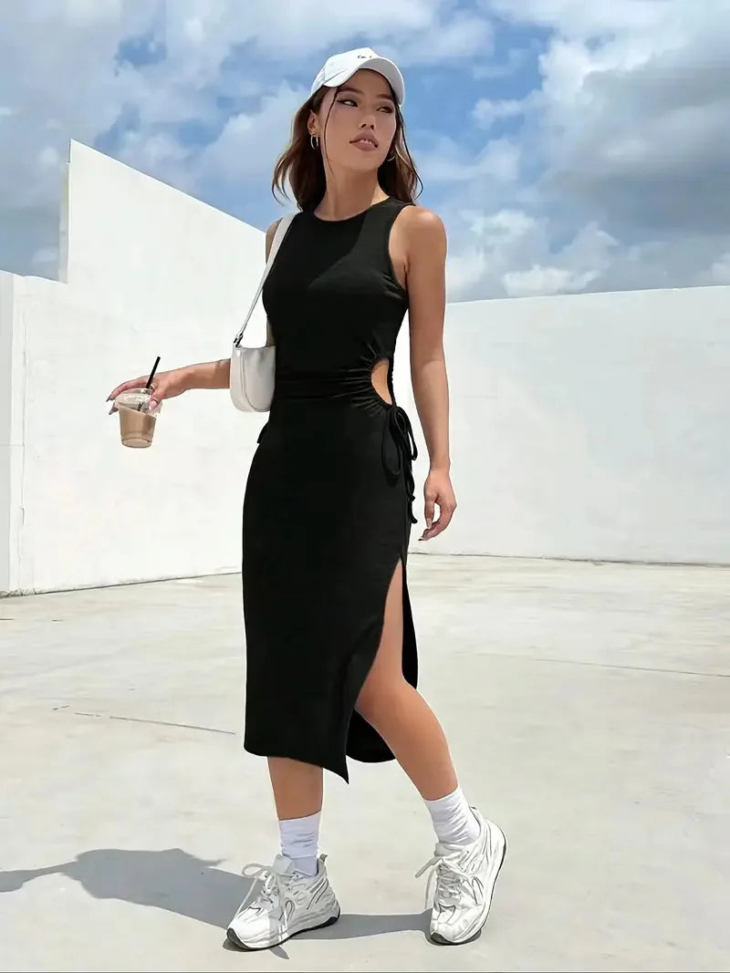 Sleeveless Round Neck Drawstring Waist Slit Dress for Women