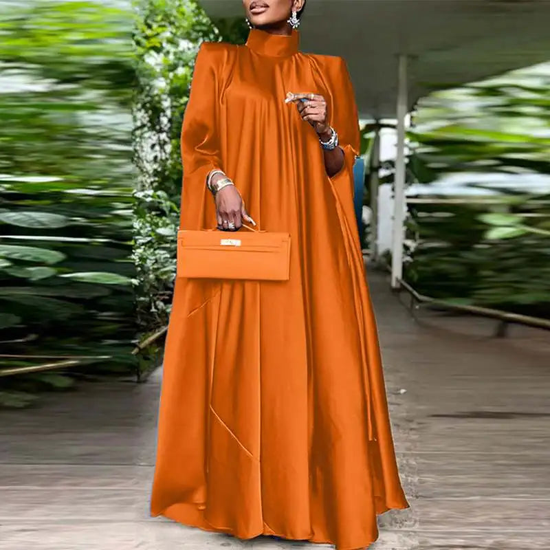 Satin Pleated Evening Dress With Stand Collar Long Sleeve