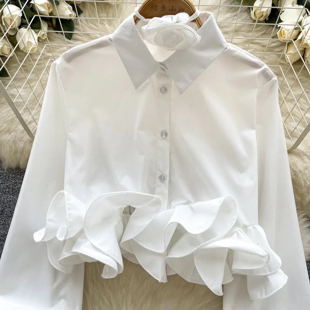 Women's 3D Floral Long Sleeve Blouse Single Breasted Turn-Down Collar Slim Fit Solid Color Shirt