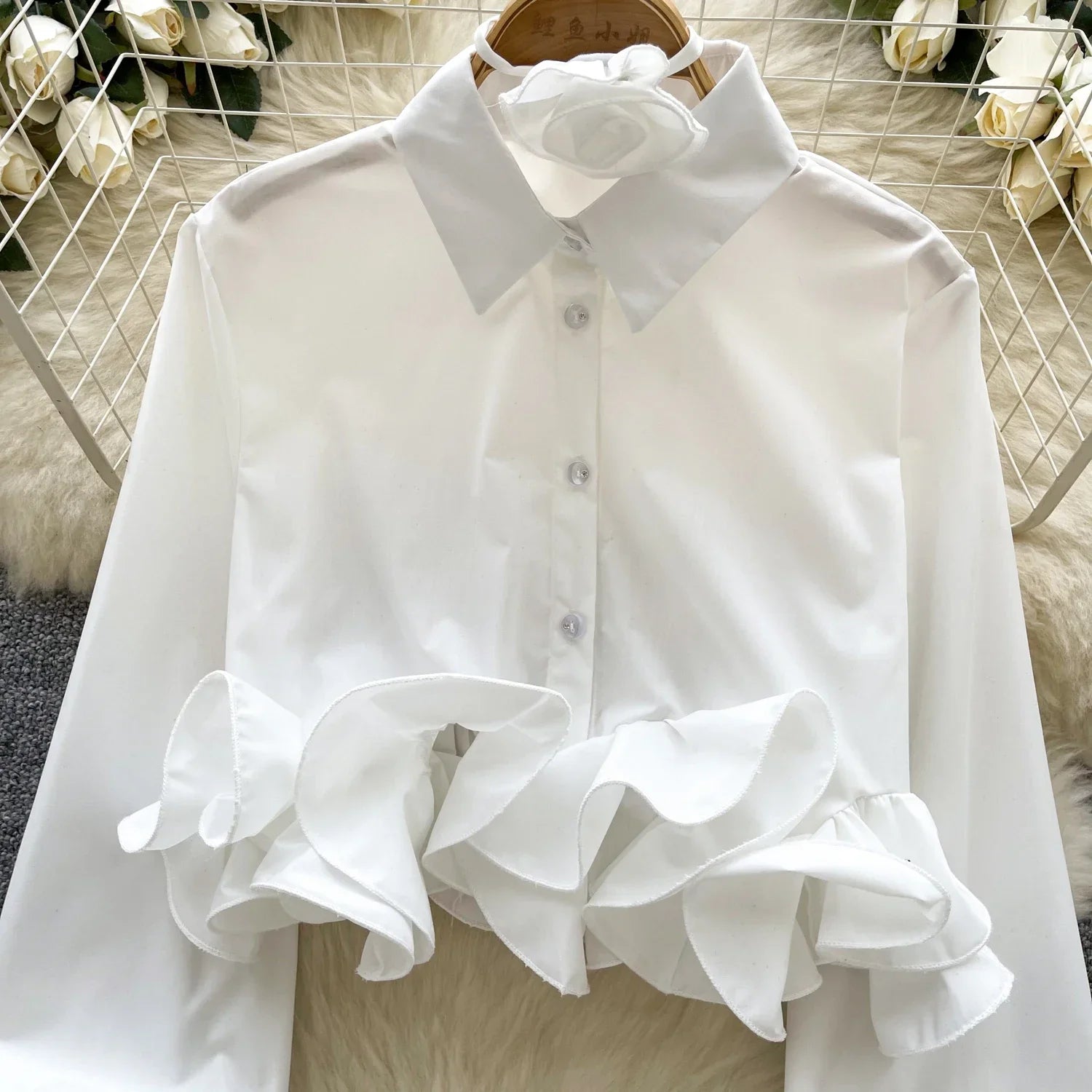 Women's 3D Floral Long Sleeve Blouse Single Breasted Turn-Down Collar Slim Fit Solid Color Shirt