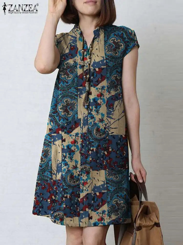 Bohemian Floral Knee Length Sundress For Summer Vacation