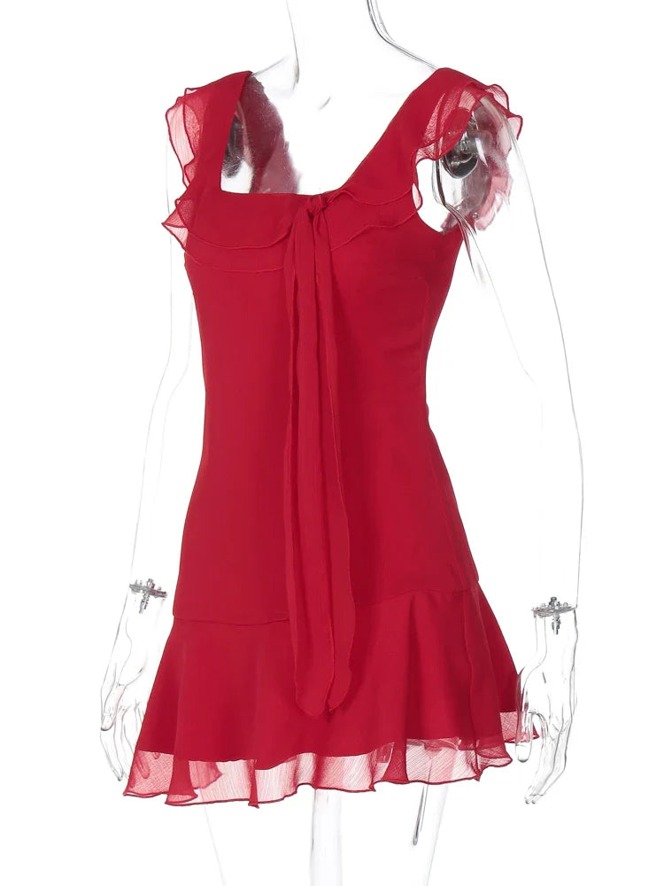 Sexy Tassels Patchwork Chiffon Mini Dress Sleeveless Zipper