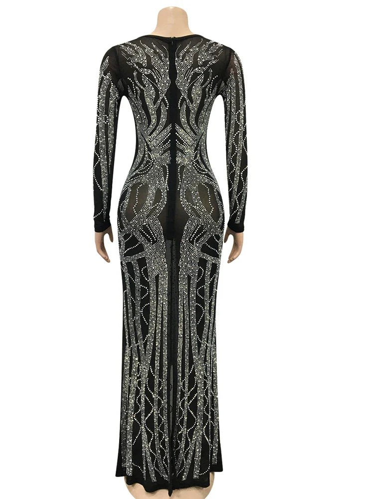 Crystal Rhinestone Gown Maxi Dress With Deep V Neckline