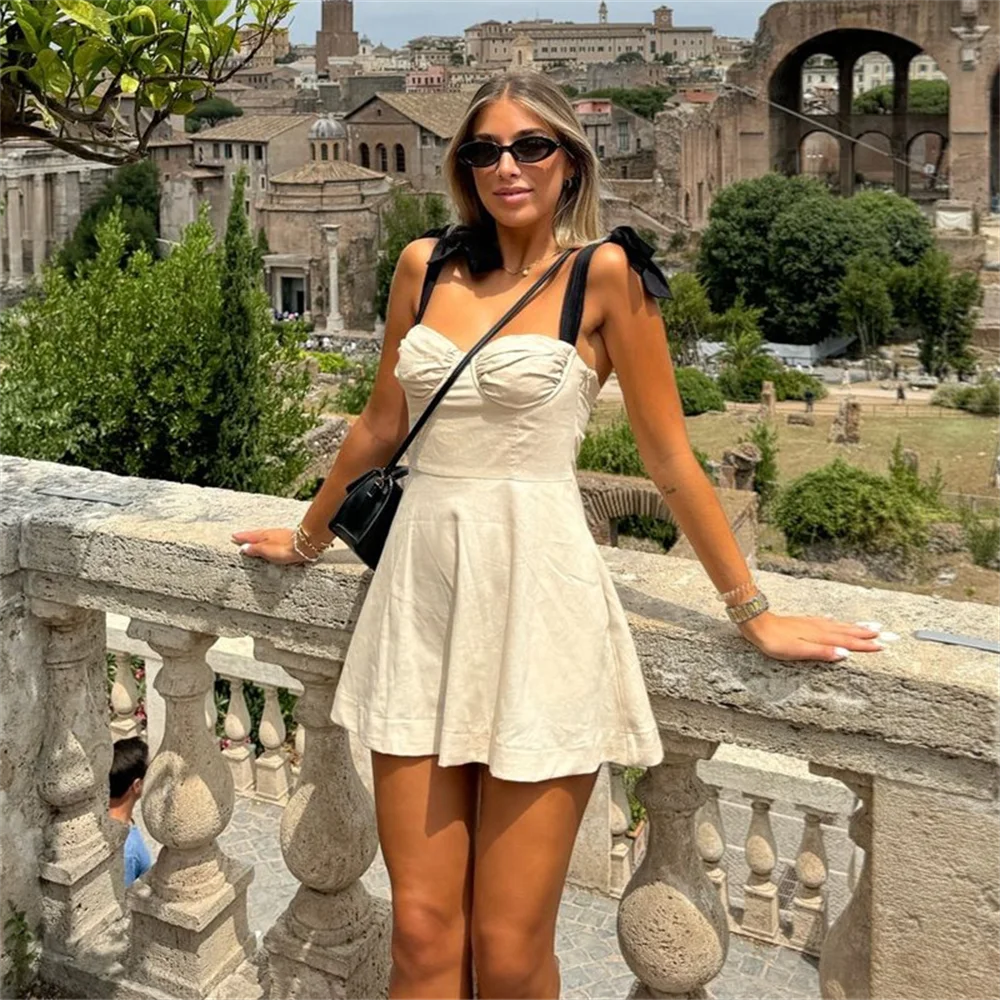 Slim Fit Linen Blend Mini Dress With Bow Decoration