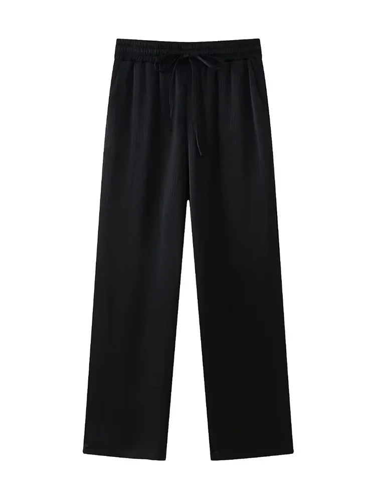 Chic Women's Two Piece Set with Solid Double Breasted Blazer and Vintage Elastic Waist Trousers for Effortless Style