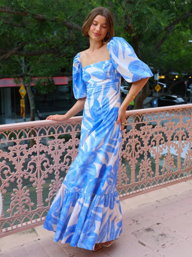 Bohemian Printed Lantern Sleeve Maxi Dress With Collar