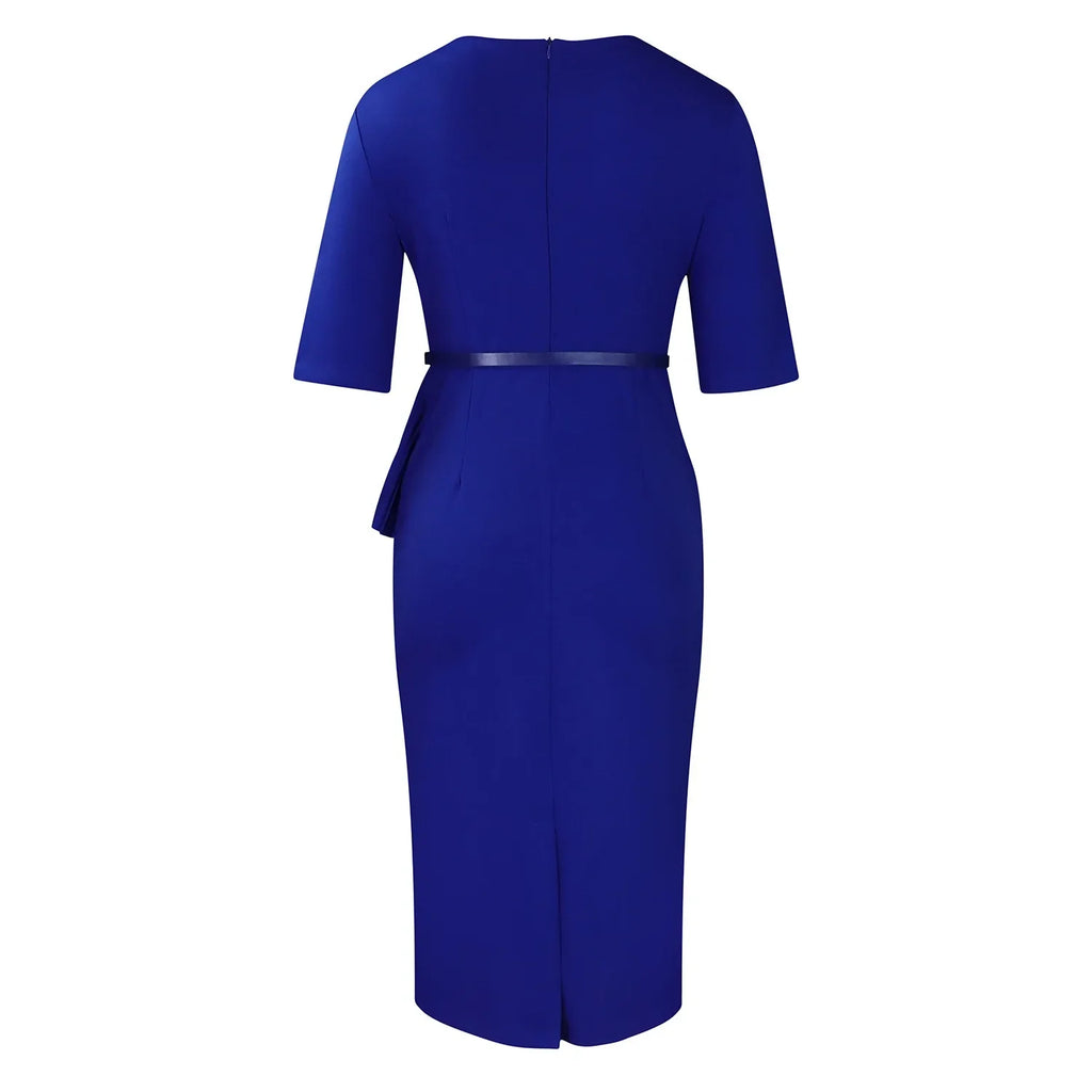 Women Square Neck Bodycon Midi Dress Belted For Work