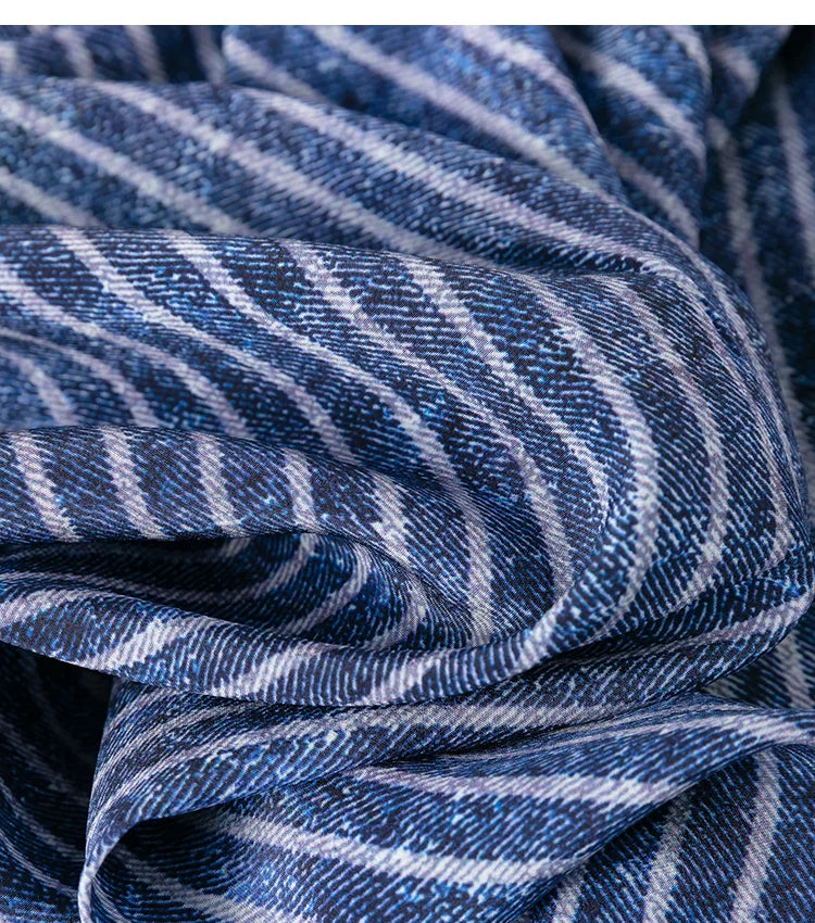 Women 100 Percent Mulberry Crepe Silk Shirt Blue Jeans Stripe Printed Three Quarter Sleeve Pullover Blouse Elegant Office Top in M L XL