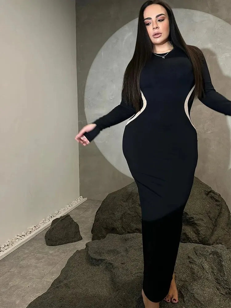 Black Long Sleeve Bodycon Dress Ankle Length Party Wear