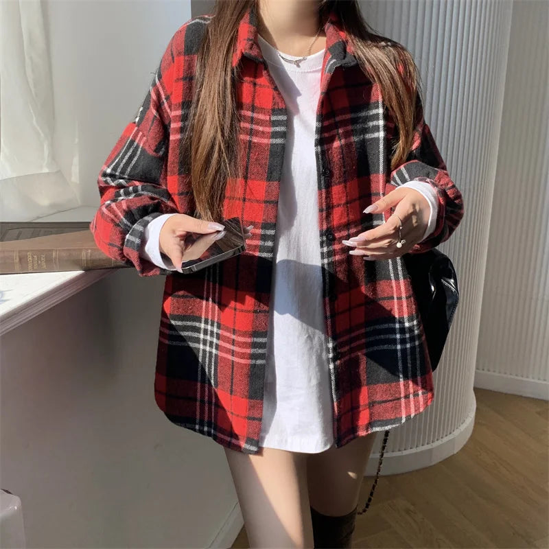 Women's Casual Blushed Flannel Shirt Long Sleeve Collared Button Down Plaid Blouse Fall Winter Vintage Top