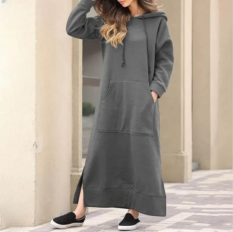Cozy Knitted Hooded Long Dress With Large Pocket Women