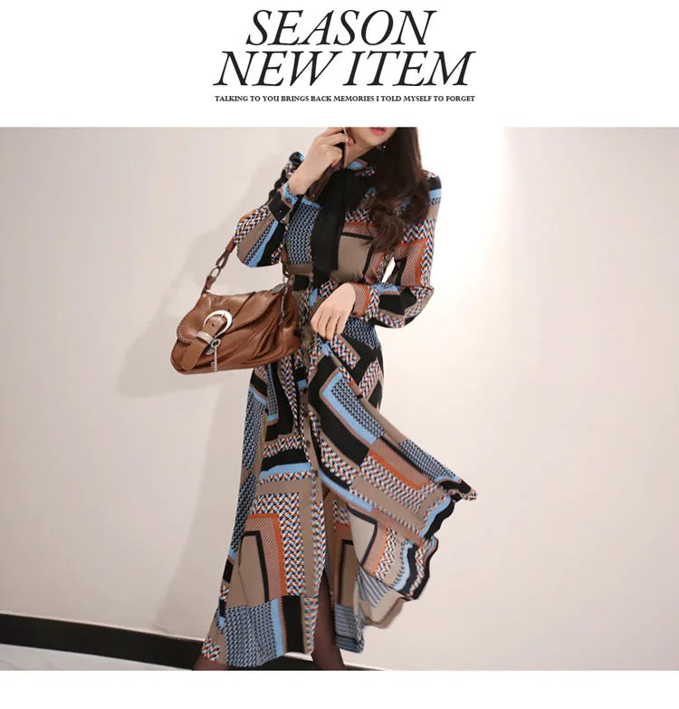 Vintage Print Long Shirt Dress For Women Ankle Length