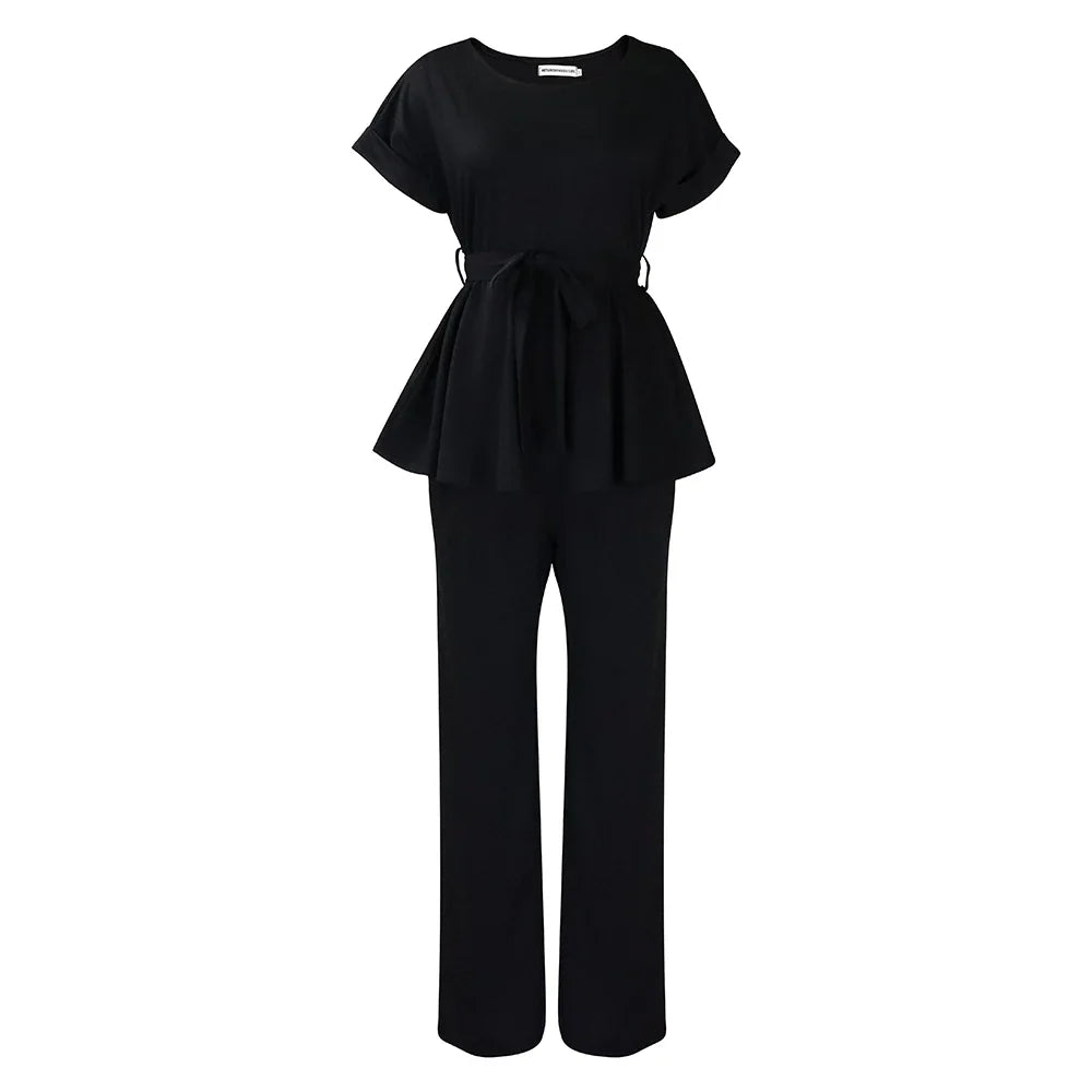 Women's Elegant 2 Piece Pants Set with Solid Blouse Short Sleeve O Neck and Long Trousers