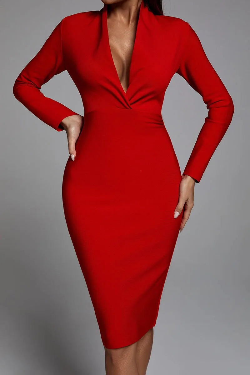Colorful Deep V Bandage Dress Long Sleeve Bodycon Dress