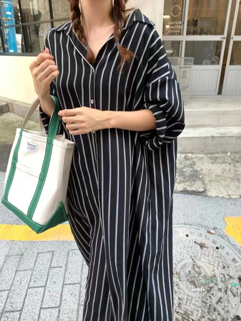 Striped Shirt Dress For Women Vintage Single Breasted