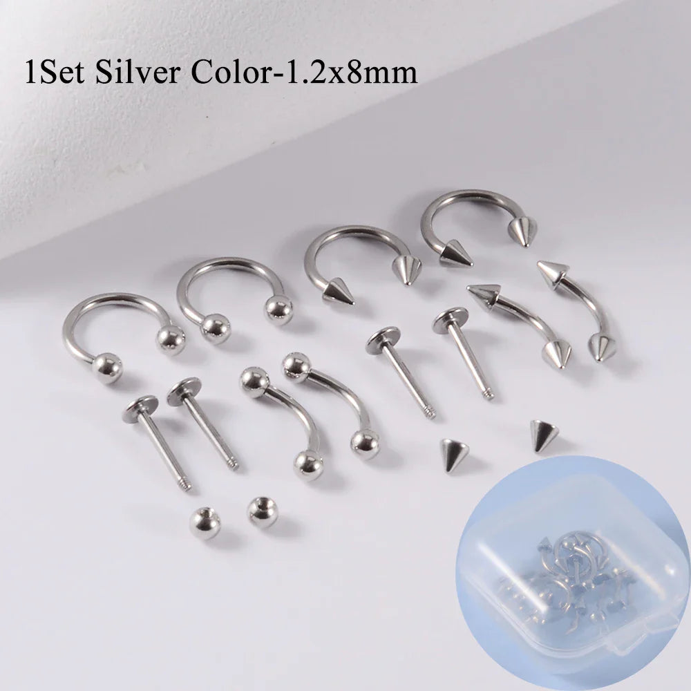 12 Piece Surgical Steel Piercing Jewelry Set with Gold Plated Black Rainbow Ear Nose and Eyebrow Labret 8mm