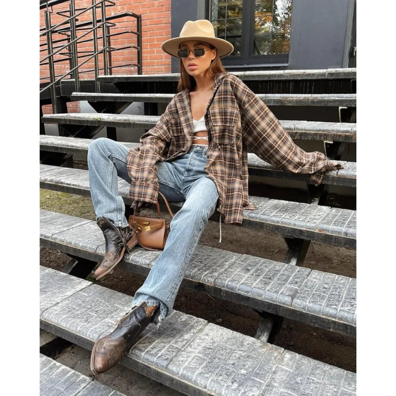 Vintage Plaid Oversized Loose Long Sleeve Blouse Casual Khaki Shirt for Women