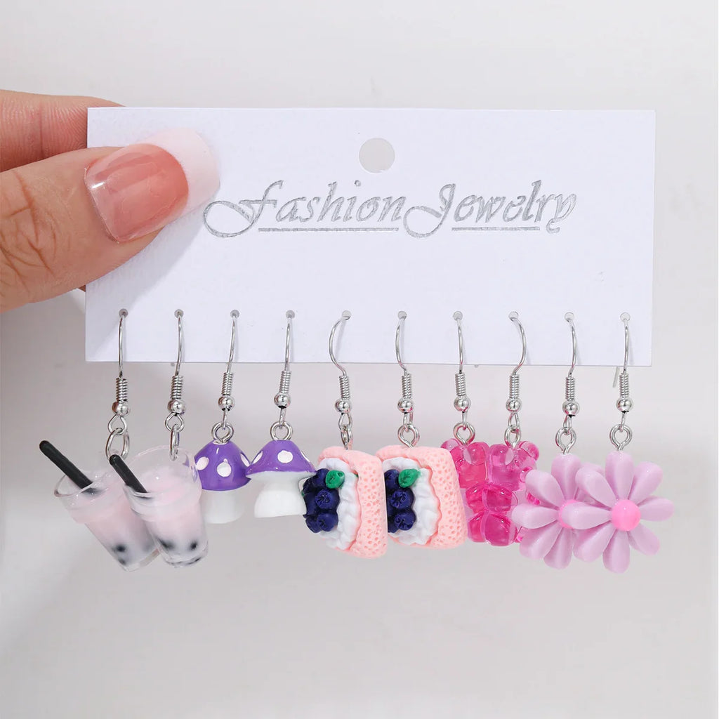Cute Cartoon Food Fruit Drink Earrings Set for Women Fun Resin Jewelry Gift