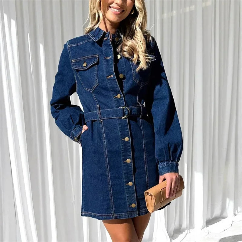 Patchwork Denim Dress With Double Pockets High Waist