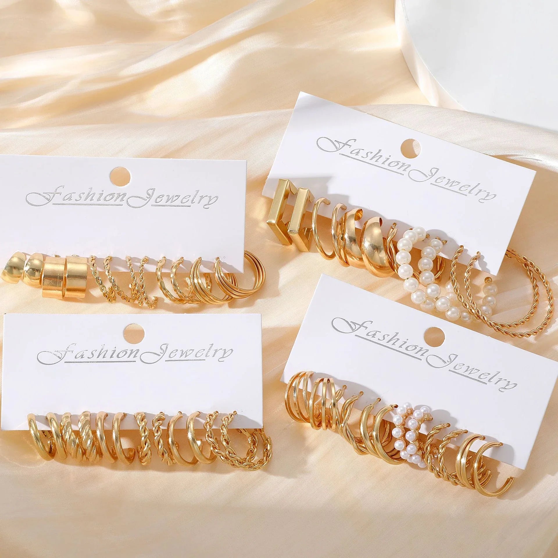 48 Pcs Boho Big Circle Hoop Earrings Set for Women with Gold Color Vintage Pearl and Heart Zircon Ear Studs Jewelry Gifts